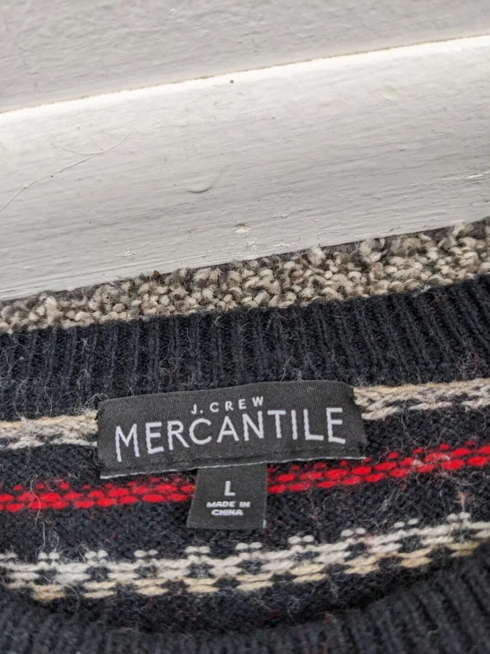 J Crew Sweater Fair Isle Lambswool Crewneck Raglan Pullover Black Red Mens Large